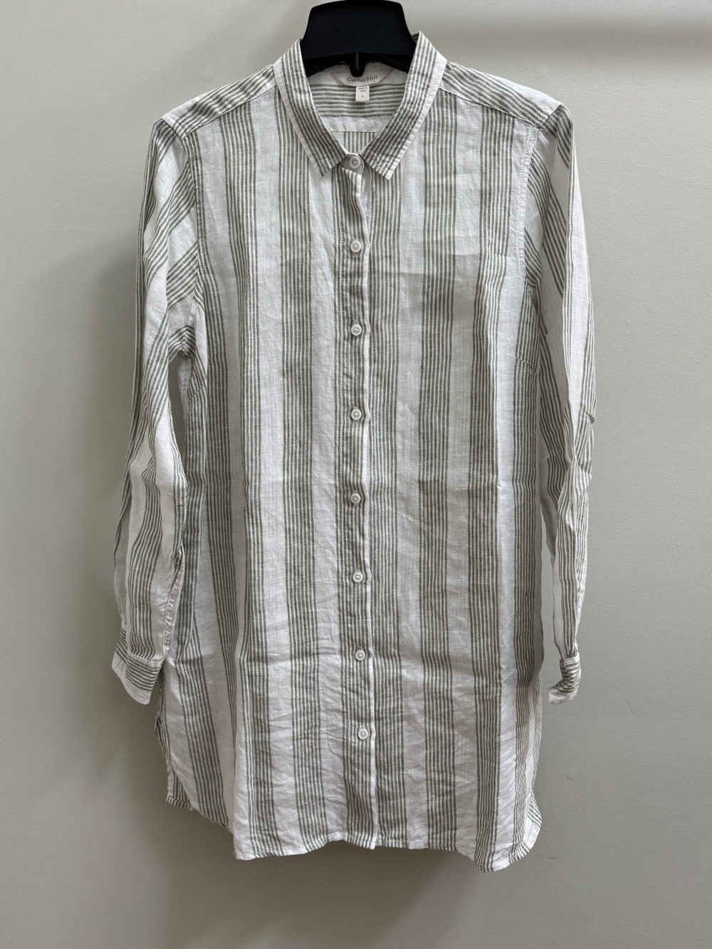 100% Linen Striped Tunic Button Up Long Sleeve Blouse Garnet Hill Size S